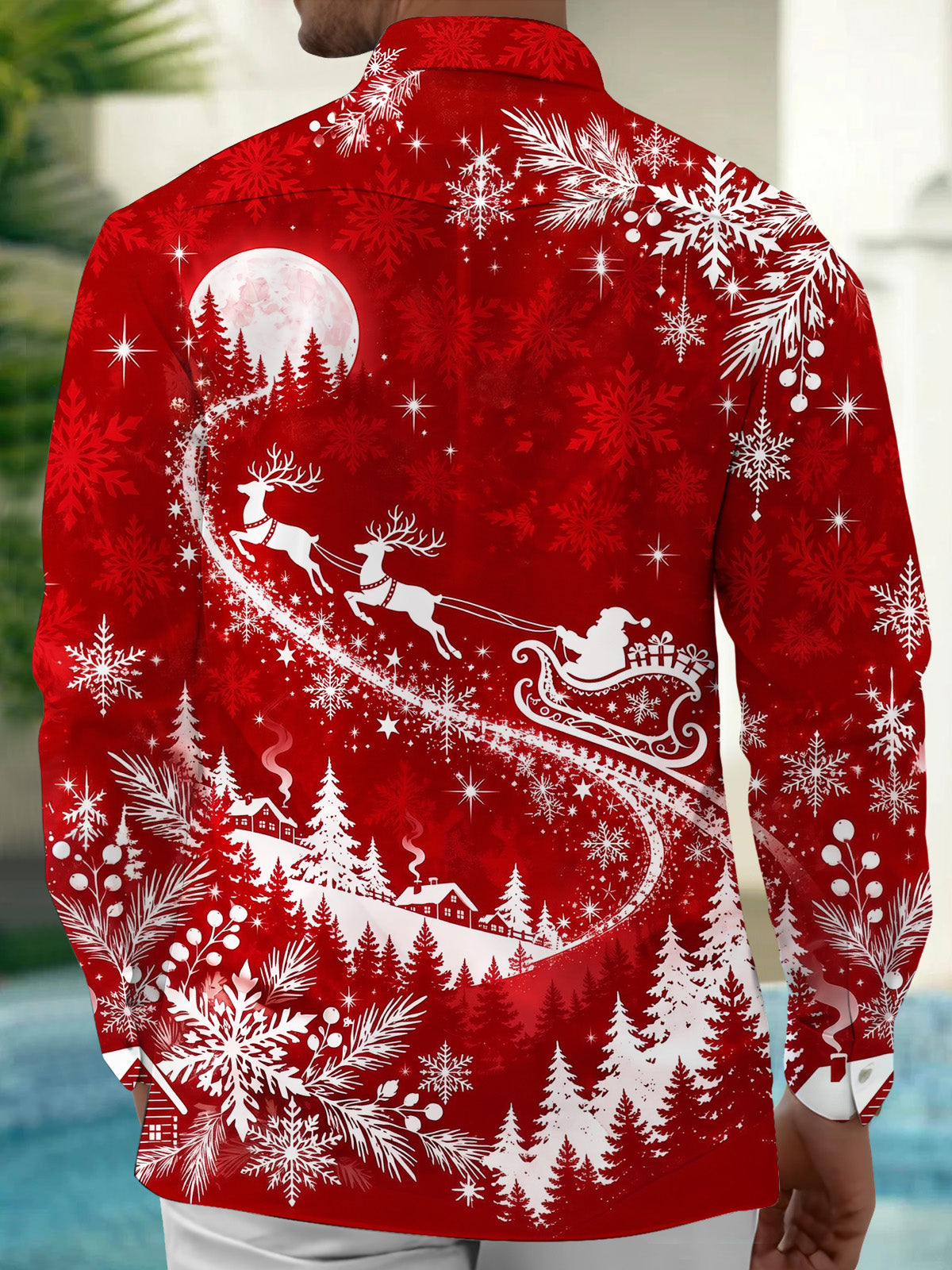 Oceanlyte Men's Printed Snowflakes Print Winter Forest Print Long Sleeve Shirt with Chest Pocket