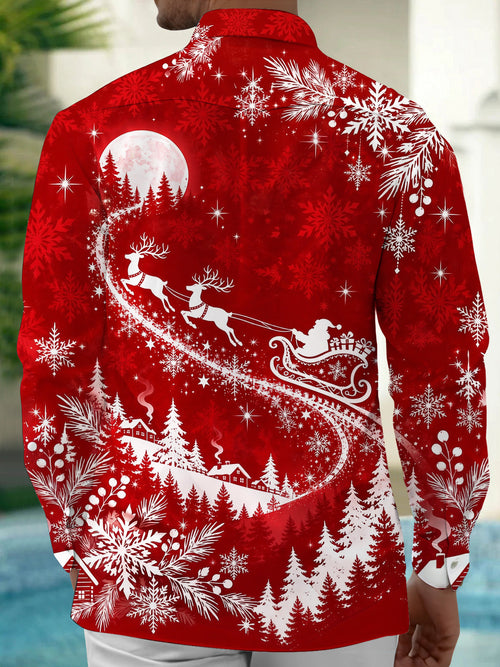 Oceanlyte Men's Printed Christmas Sleigh And Reindeer Print Long Sleeve Shirt with Chest Pocket