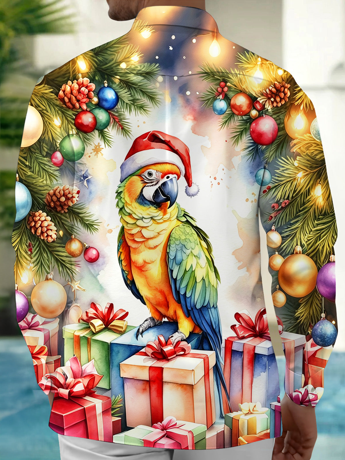 Oceanlyte Men's Hawaiian Christmas Parrot Print Long Sleeve Shirt with Chest Pocket