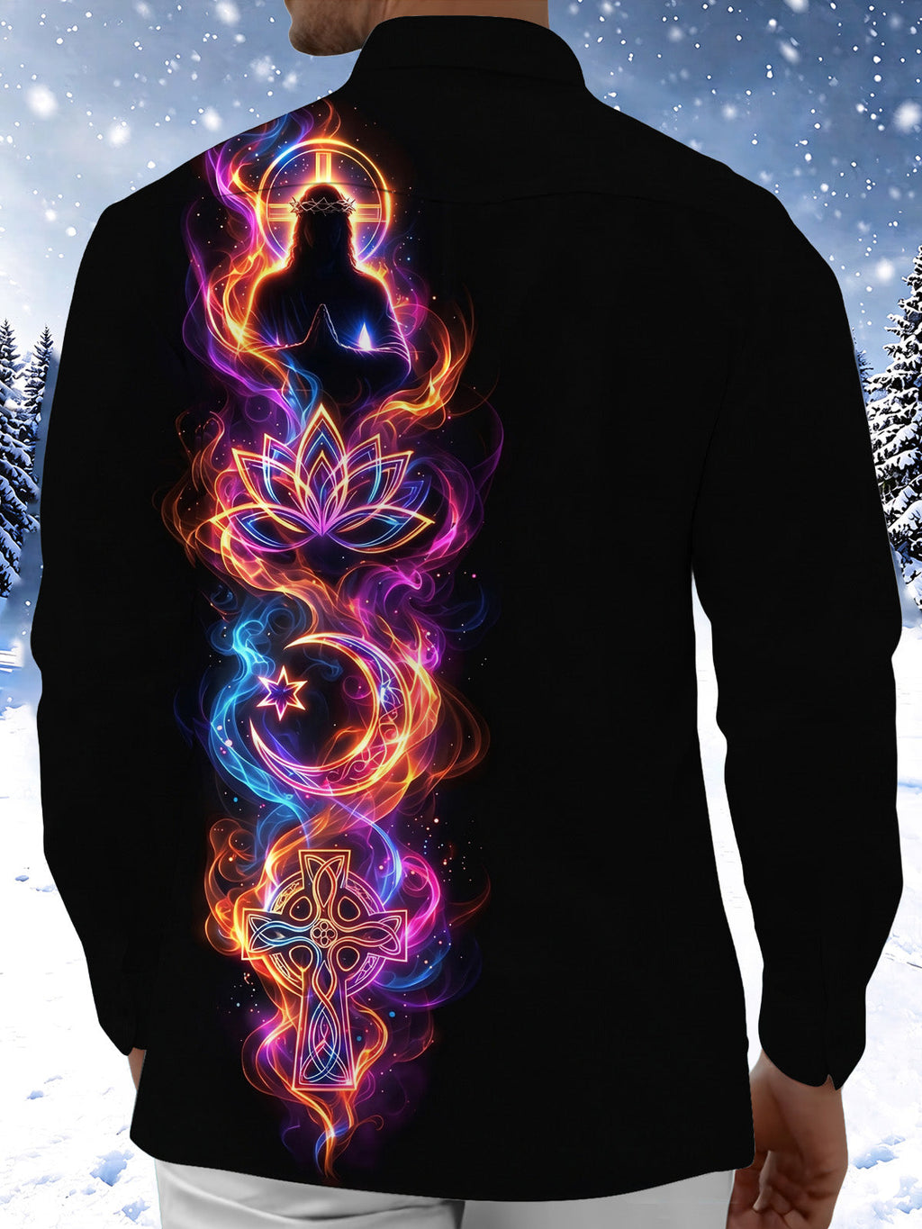 Oceanlyte Men's Neon Religious And Spiritual Symbols Print Long Sleeve Shirt with Chest Pocket