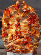 Oceanlyte Men's Printed Lighthouse Print Maple Leaves Print Long Sleeve Shirt with Chest Pocket