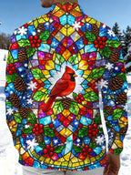 Oceanlyte Men's Christmas Stained Glass Cardinal Bird Print Long Sleeve Shirt with Chest Pocket