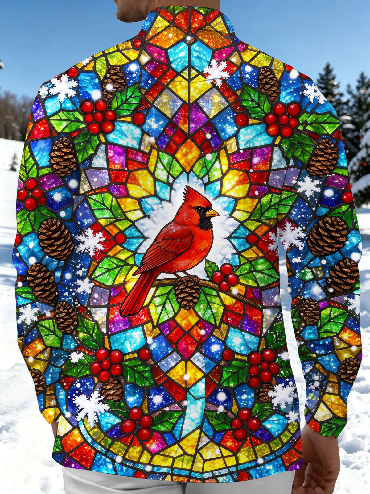 Oceanlyte Men's Christmas Stained Glass Cardinal Bird Print Long Sleeve Shirt with Chest Pocket