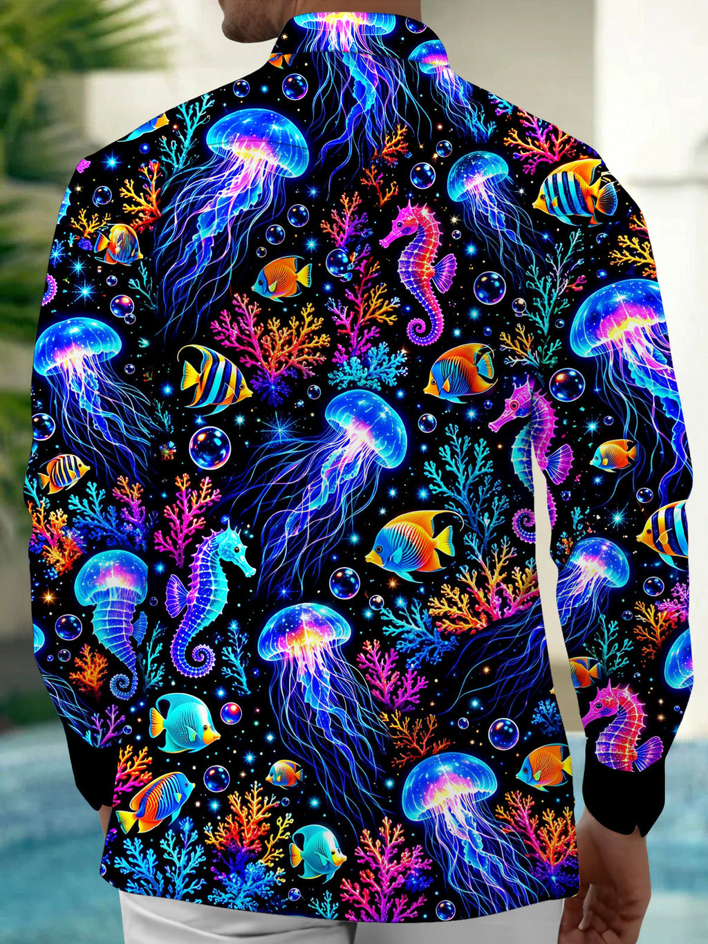 Oceanlyte Men's Graphic Neon Jellyfish And Seahorse Print Long Sleeve Shirt with Chest Pocket