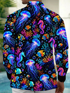 Oceanlyte Men's Graphic Neon Jellyfish And Seahorse Print Long Sleeve Shirt with Chest Pocket