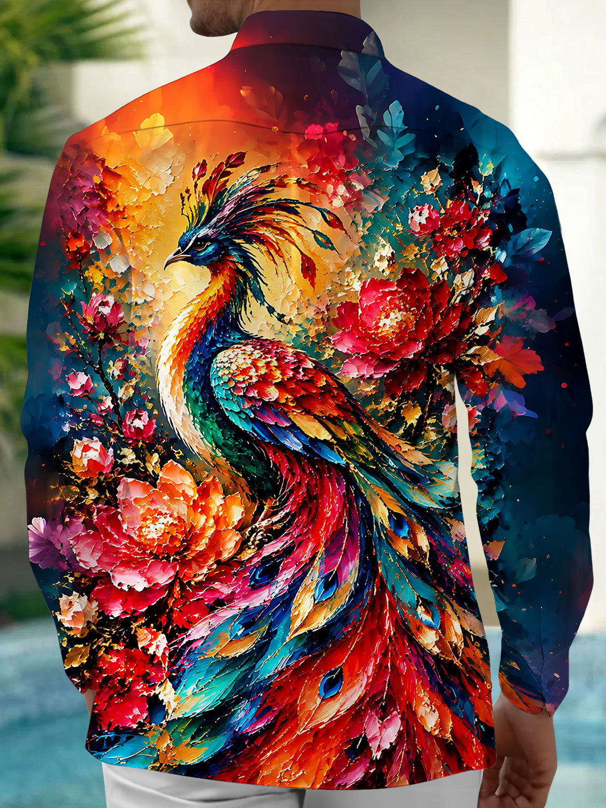 Oceanlyte Men's Hawaiian Peacock Bird Print Floral Pattern Long Sleeve Shirt with Chest Pocket