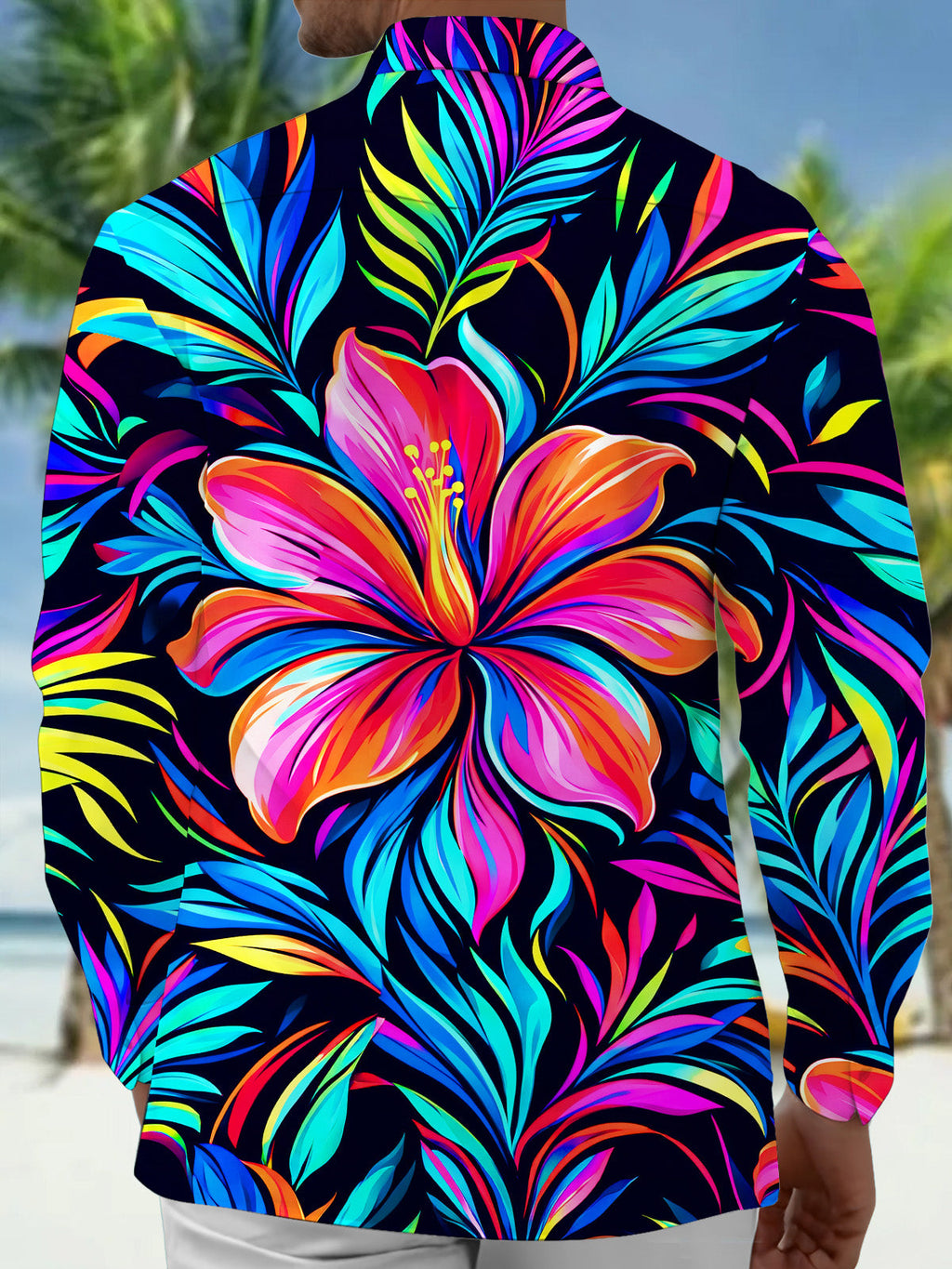 Oceanlyte Men's Neon Hibiscus Flower And Tropical Leaves Print Long Sleeve Shirt with Chest Pocket