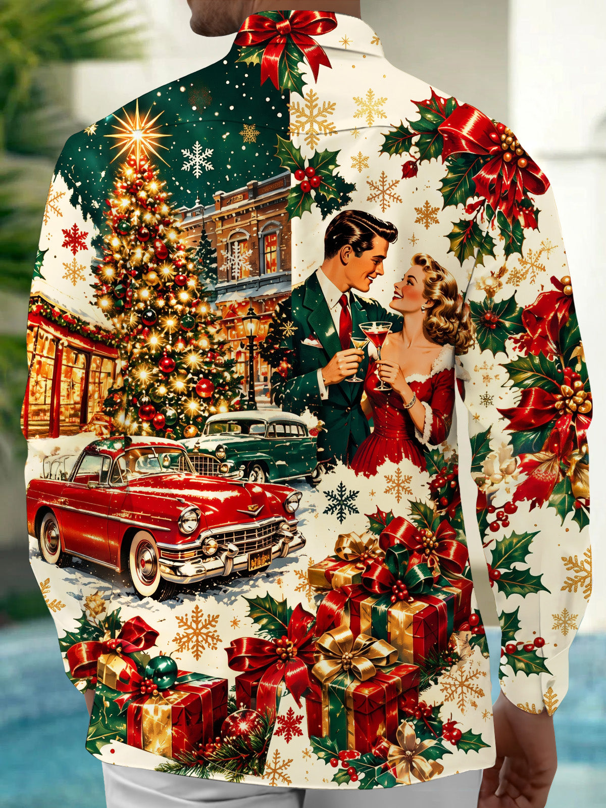 Oceanlyte Men's Long Sleeve Shirt - Vintage Couple And Christmas Street Scene Print with Chest Pocket