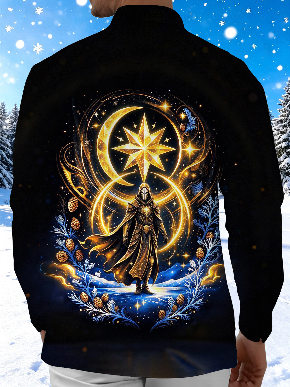 Oceanlyte Men's Cloaked Warrior With Moon And Star Print Long Sleeve Shirt with Chest Pocket