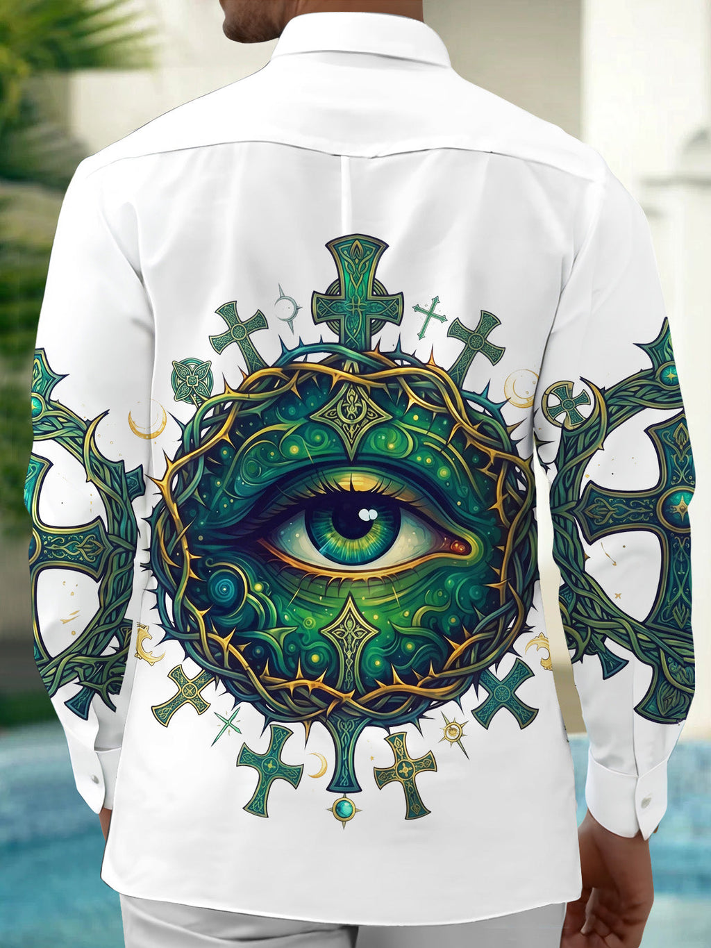 Oceanlyte Men's Long Sleeve Shirt - All-seeing Eye With Thorn Crown And Crosses Print with Chest Pocket