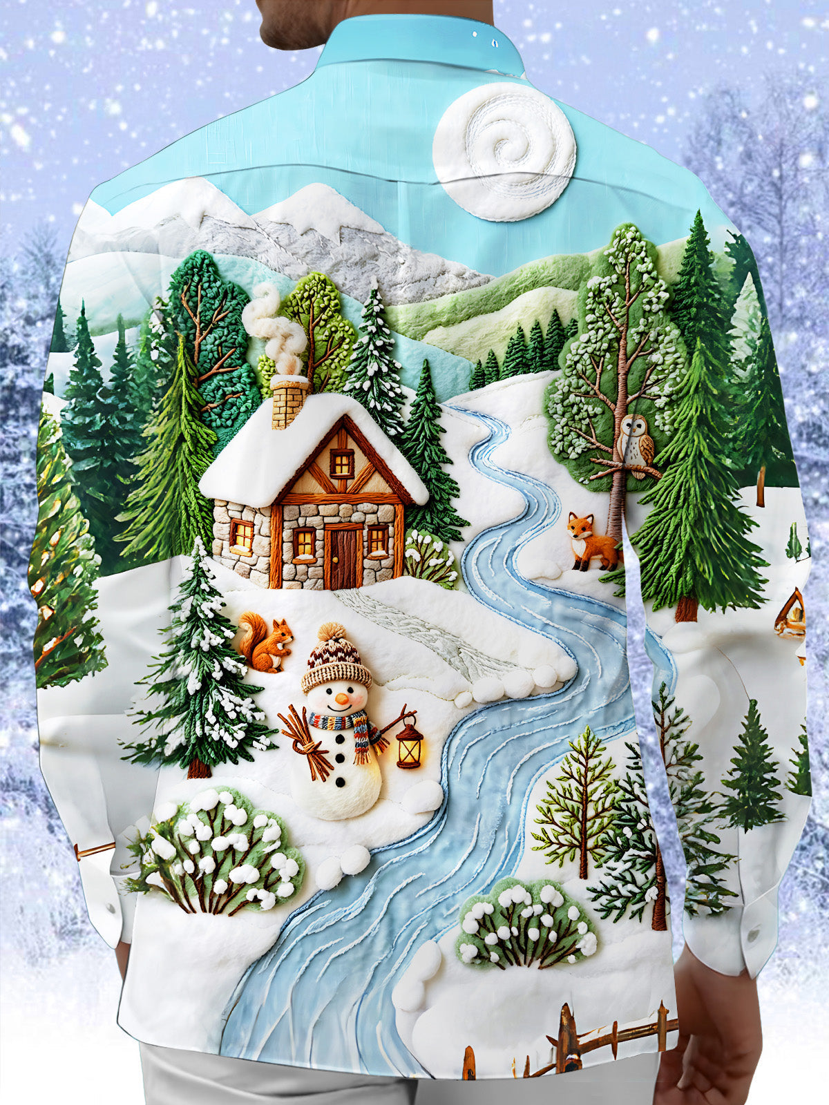 Oceanlyte Men's Printed Winter Snow Village Print Long Sleeve Shirt with Chest Pocket