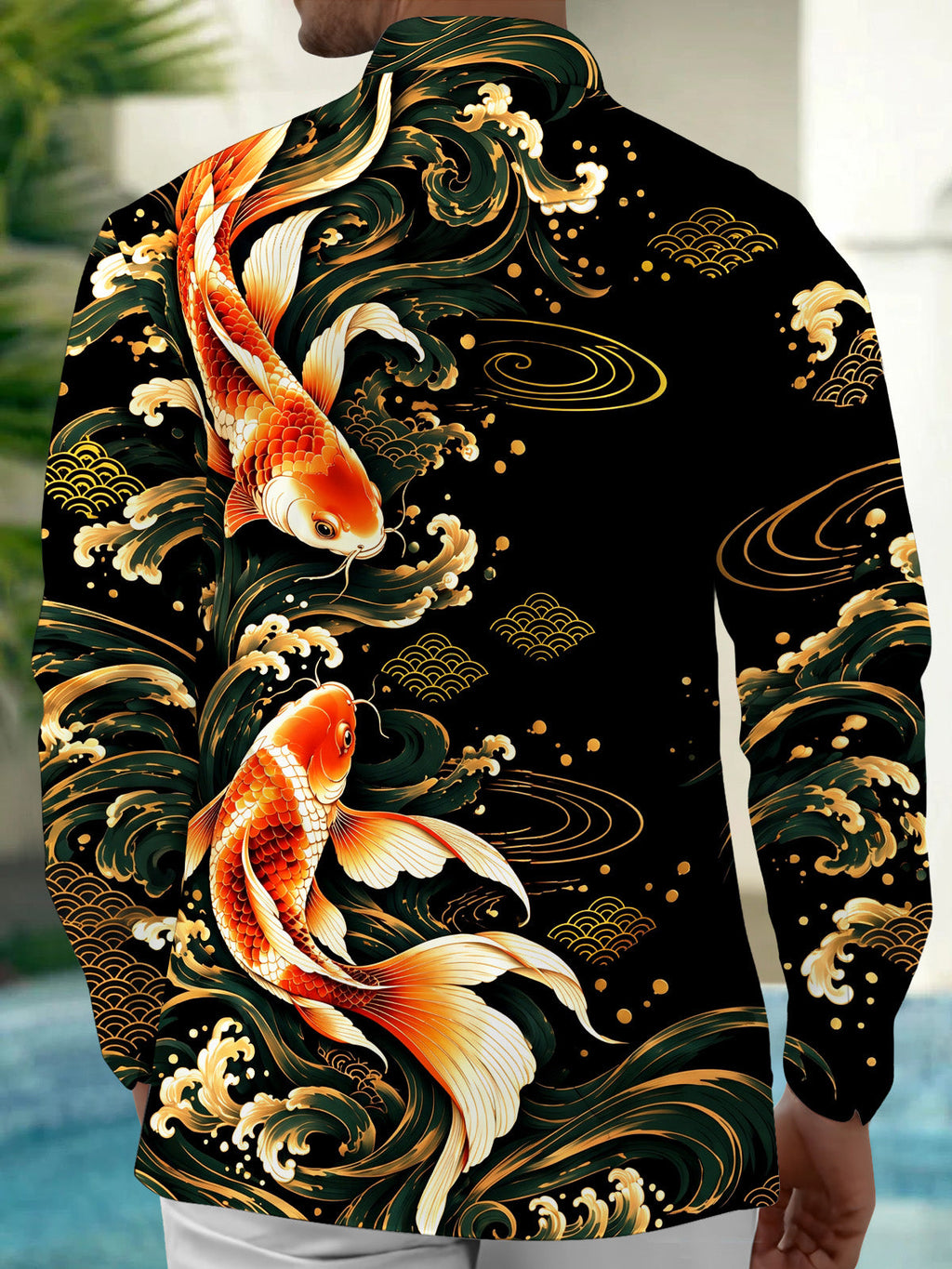 Oceanlyte Men's Hawaiian Koi Fish And Waves Print Long Sleeve Shirt with Chest Pocket