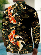 Oceanlyte Men's Hawaiian Koi Fish And Waves Print Long Sleeve Shirt with Chest Pocket