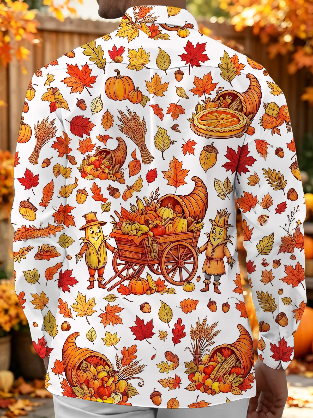 Oceanlyte Men's Long Sleeve Shirt - Thanksgiving Cornucopia And Harvest Cartoons Print with Chest Pocket
