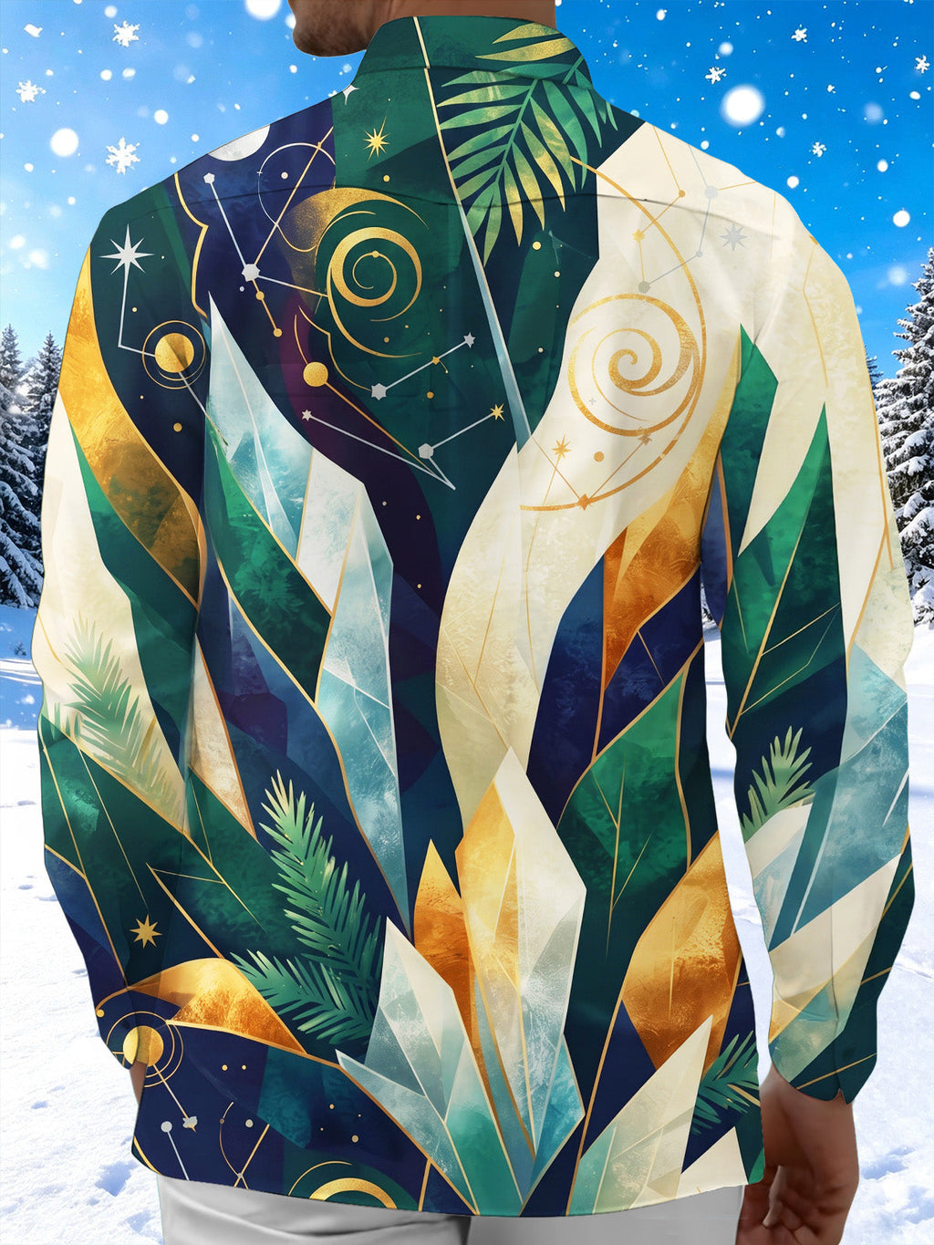 Oceanlyte Men's Printed Geometric Crystal And Starry Sky Print Long Sleeve Shirt with Chest Pocket