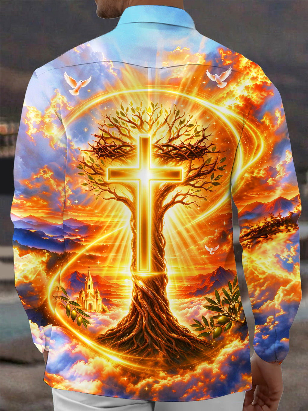 Oceanlyte Men's Graphic Tree Of Life And Golden Cross Print Long Sleeve Shirt with Chest Pocket