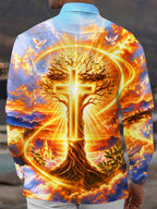 Oceanlyte Men's Graphic Tree Of Life And Golden Cross Print Long Sleeve Shirt with Chest Pocket