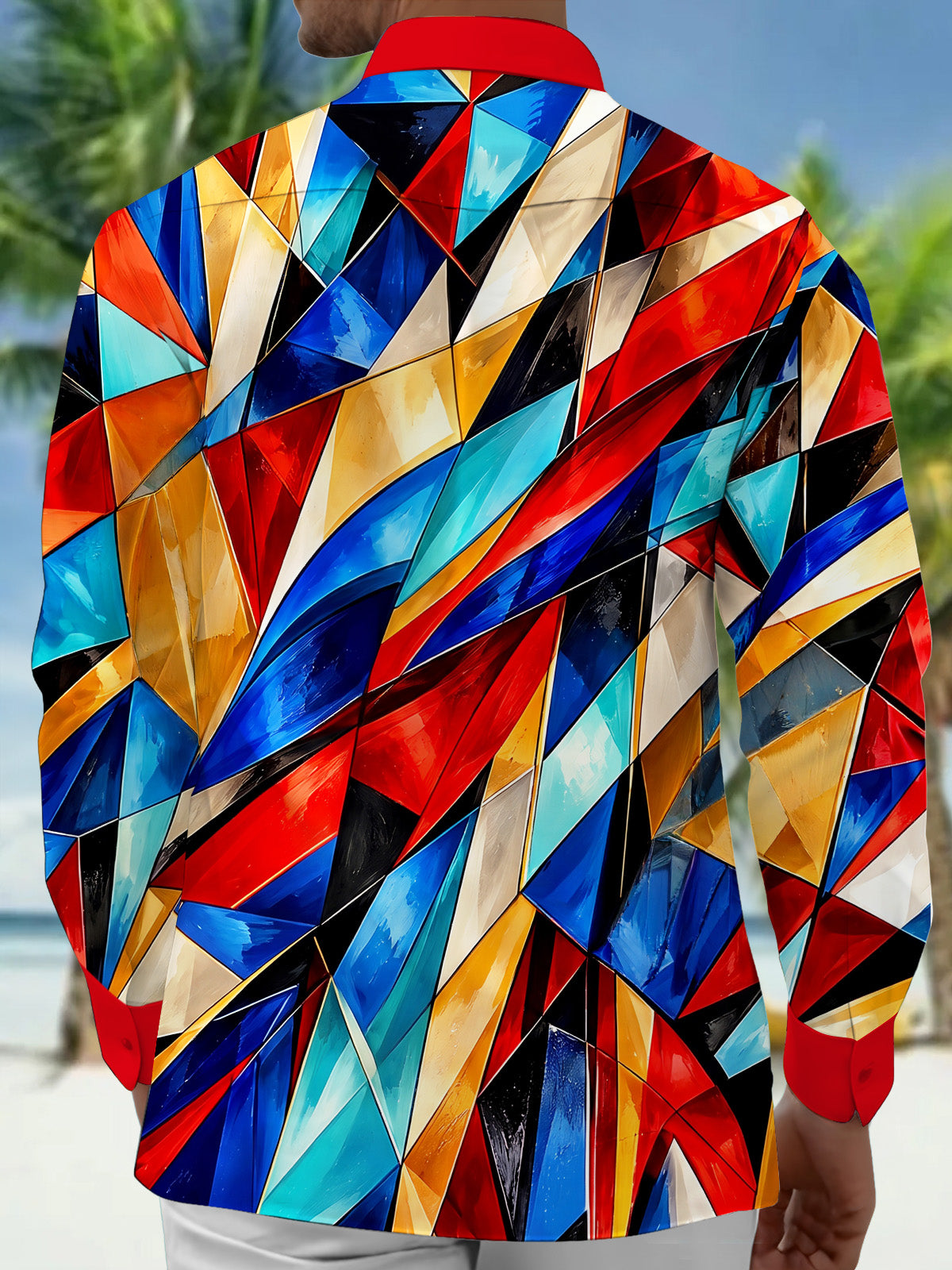 Oceanlyte Men's Colorful Geometric Abstract Shapes Print Long Sleeve Shirt with Chest Pocket