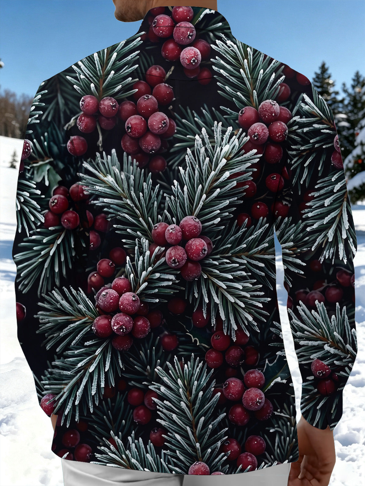Oceanlyte Men's Long Sleeve Shirt - Christmas Frosted Pine Needles And Red Berries Print with Chest Pocket