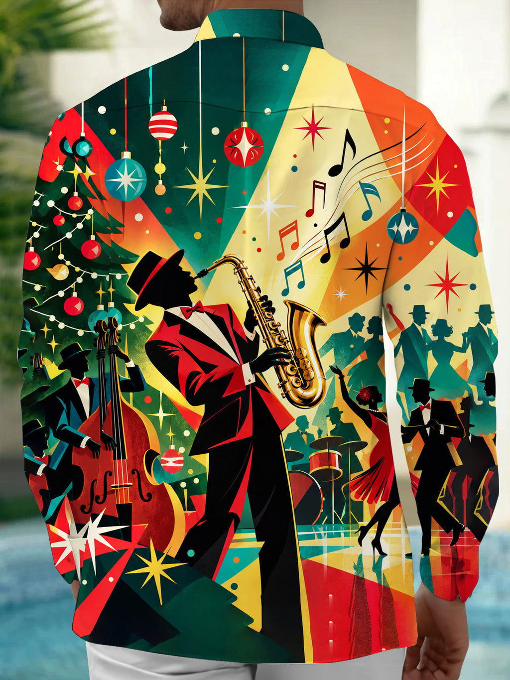Oceanlyte Men's Graphic Christmas Jazz Saxophone Print Long Sleeve Shirt with Chest Pocket