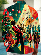 Oceanlyte Men's Graphic Christmas Jazz Saxophone Print Long Sleeve Shirt with Chest Pocket