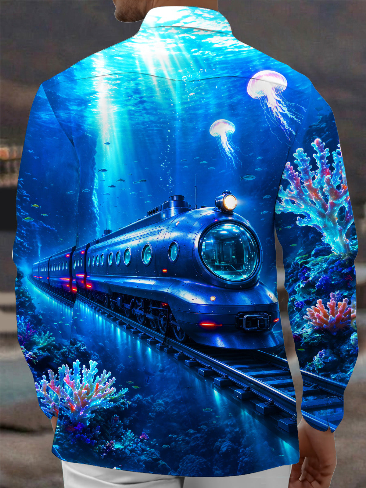 Oceanlyte Men's Graphic Underwater Train Print Long Sleeve Shirt with Chest Pocket