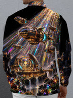 Oceanlyte Men's Steampunk Airships And Fantasy Cityscape Print Long Sleeve Shirt with Chest Pocket