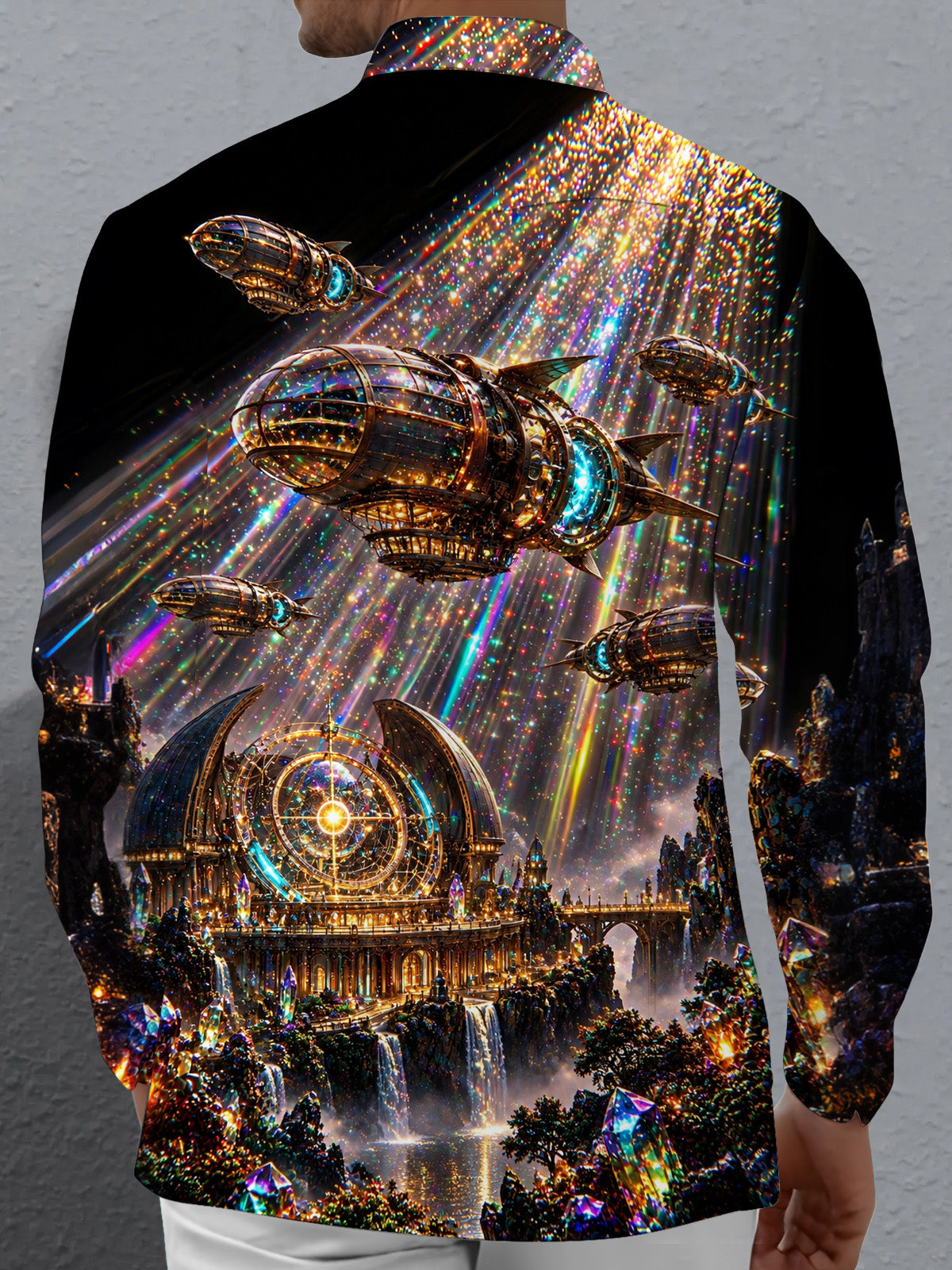 Oceanlyte Men's Steampunk Airships And Fantasy Cityscape Print Long Sleeve Shirt with Chest Pocket