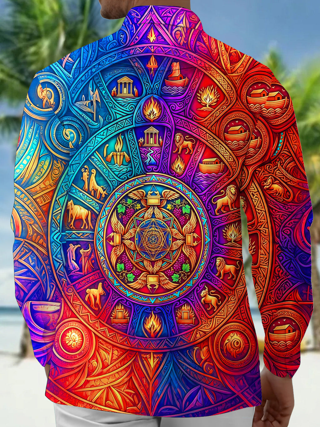 Oceanlyte Men's Graphic Biblical Symbol Mandala Print Long Sleeve Shirt with Chest Pocket