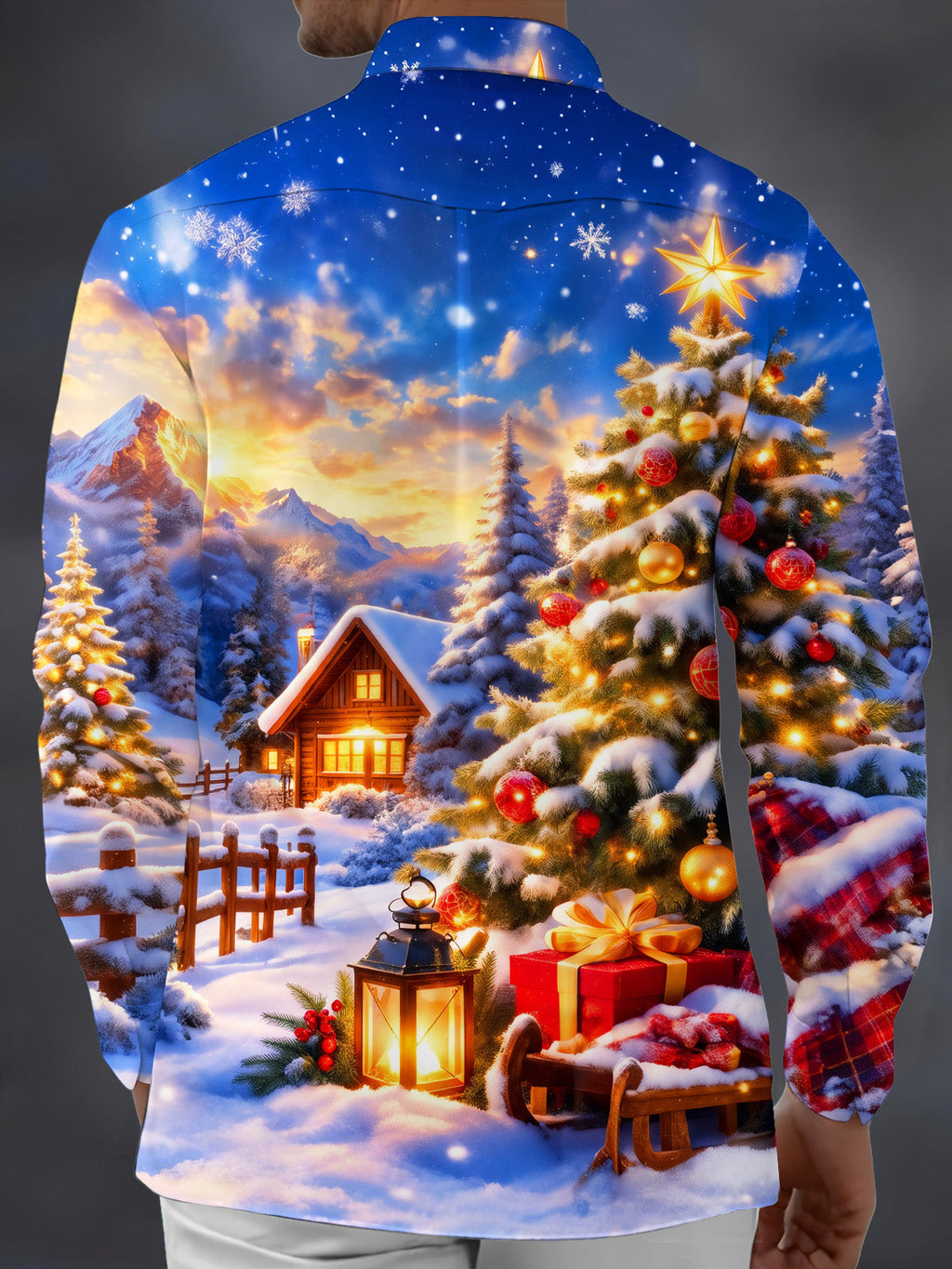Oceanlyte Men's Printed Christmas Tree And Ornaments Print Long Sleeve Shirt with Chest Pocket