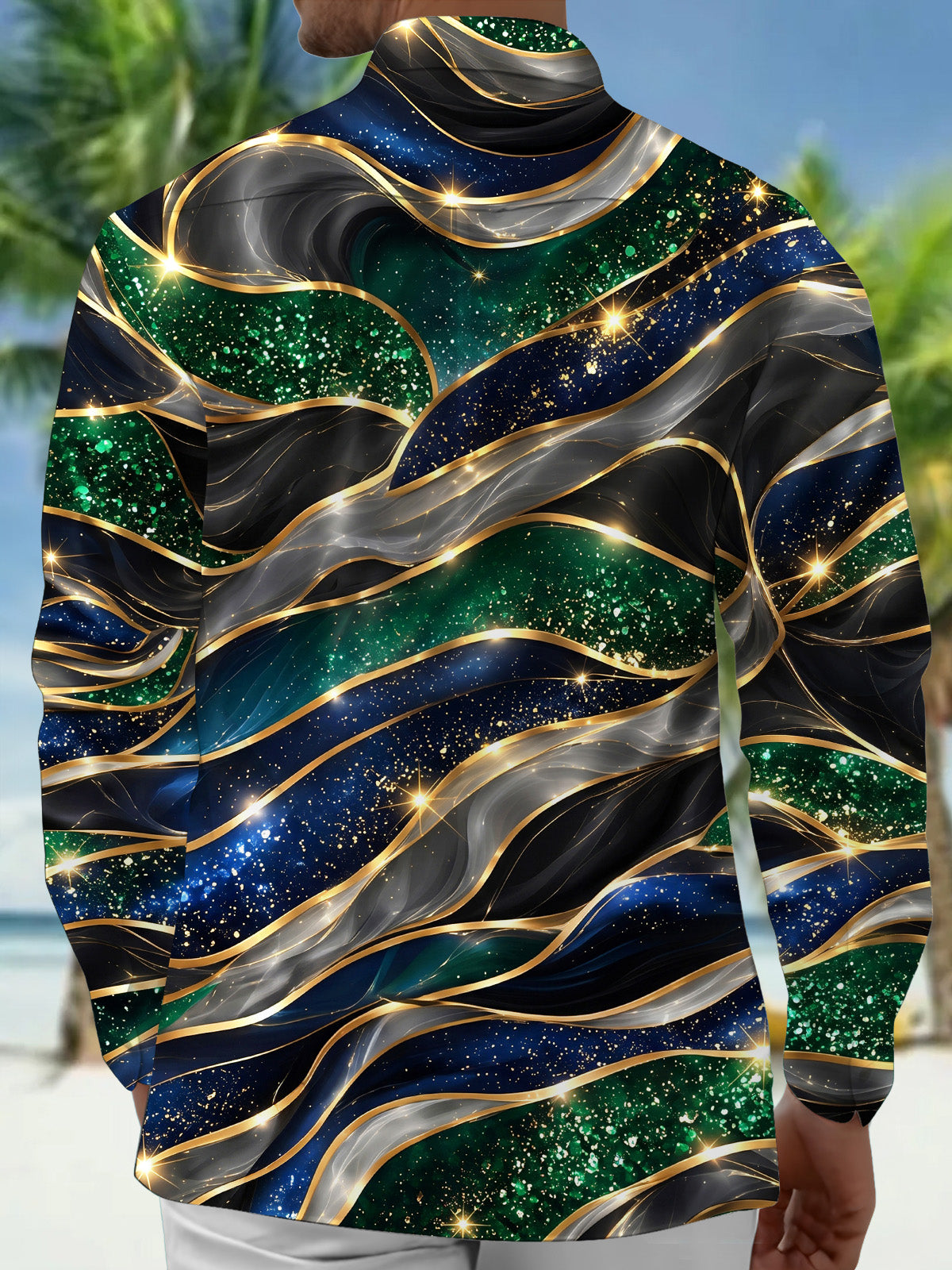Oceanlyte Men's Abstract Wavy Lines And Sparkles Print Long Sleeve Shirt with Chest Pocket