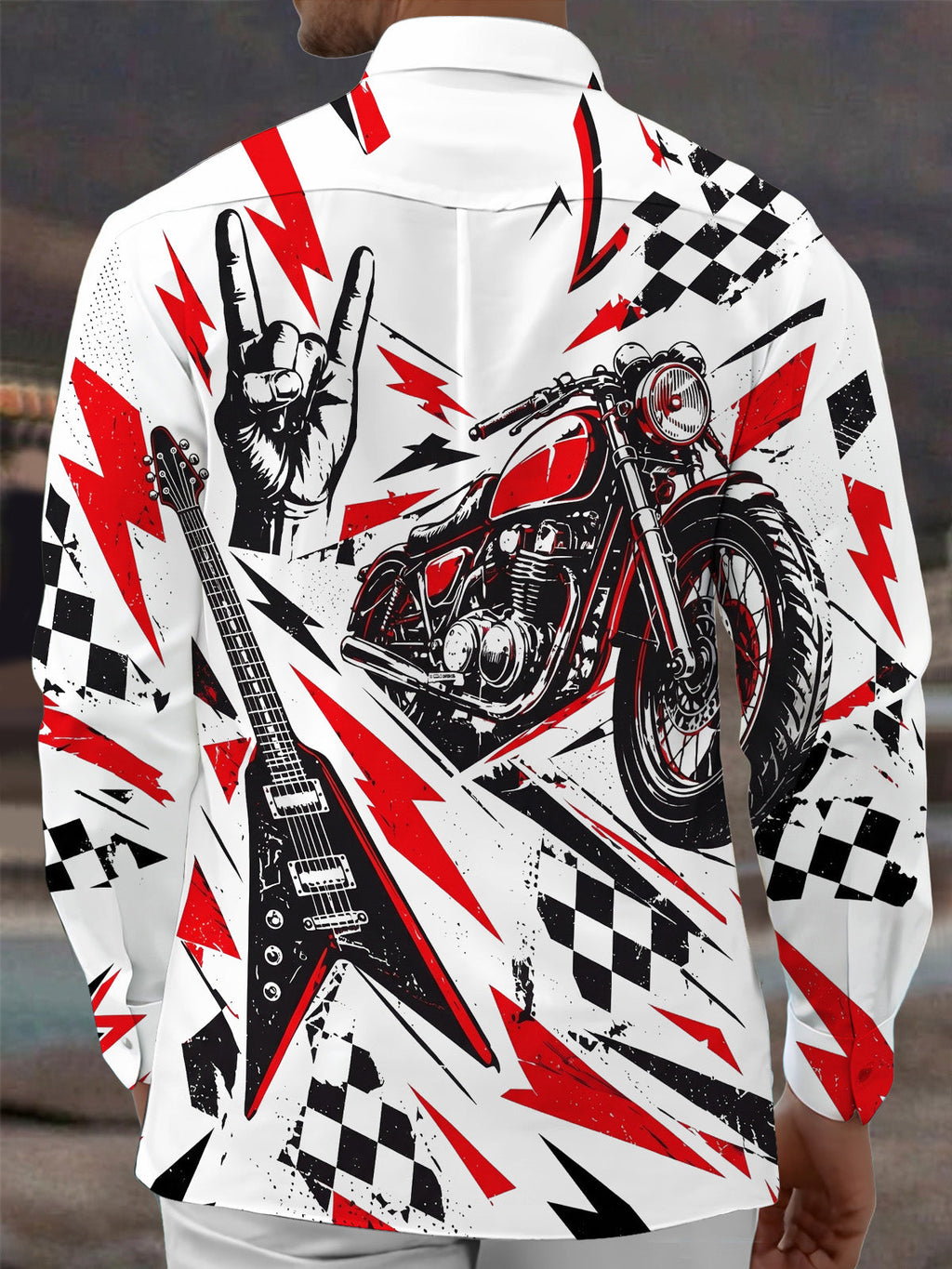 Oceanlyte Men's Graphic Motorcycle Print Electric Guitar Print Long Sleeve Shirt with Chest Pocket
