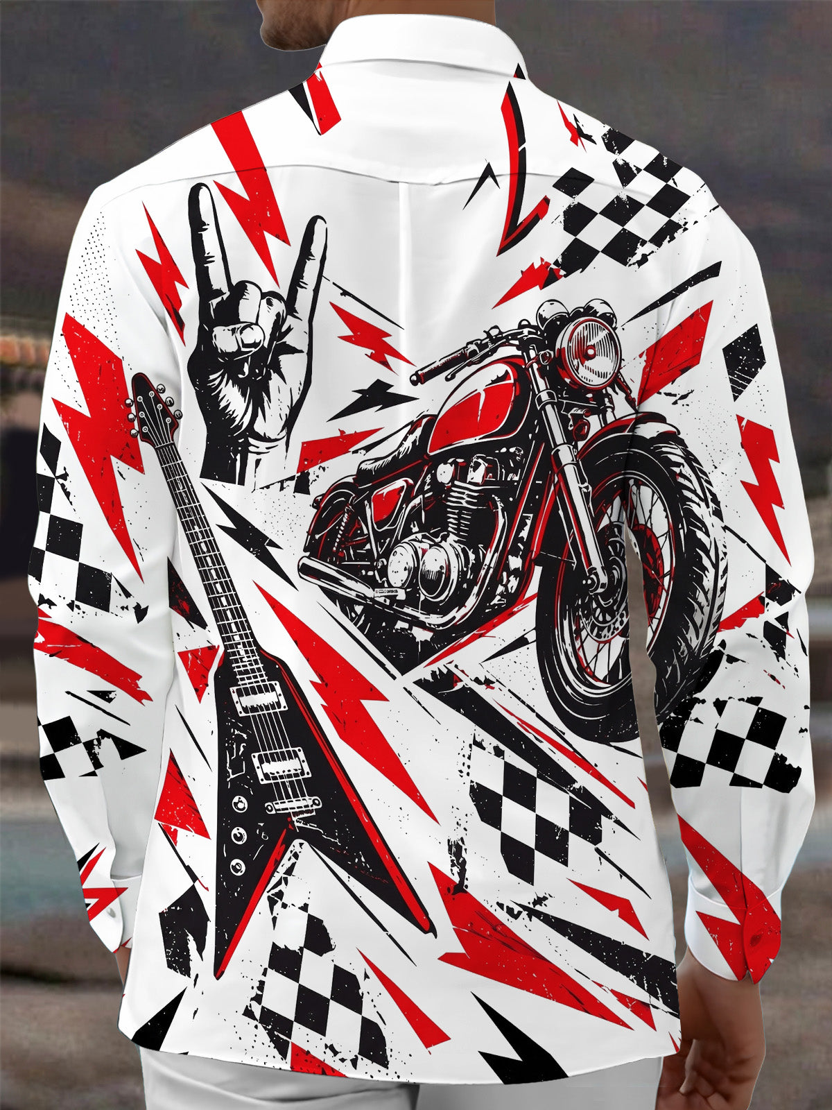 Oceanlyte Men's Graphic Motorcycle Print Electric Guitar Print Long Sleeve Shirt with Chest Pocket