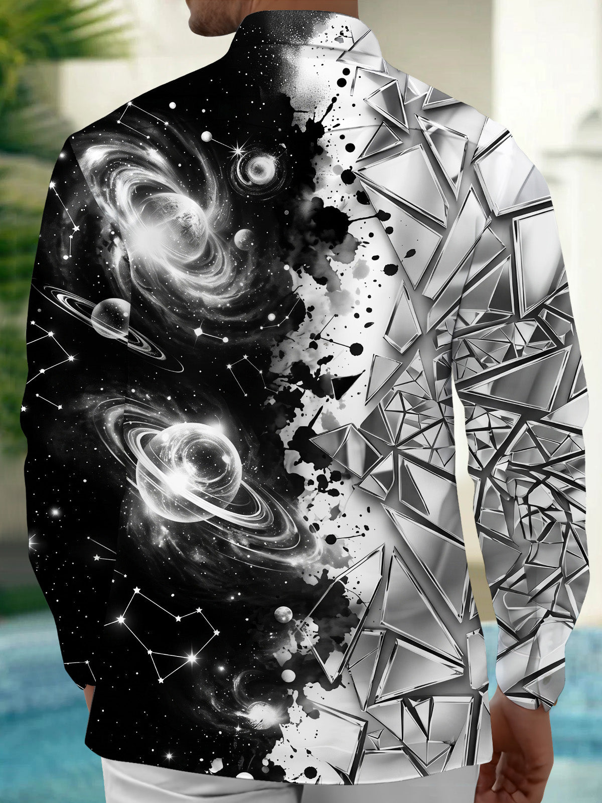 Oceanlyte Men's Cosmic Space Planets And Constellations Print Long Sleeve Shirt with Chest Pocket
