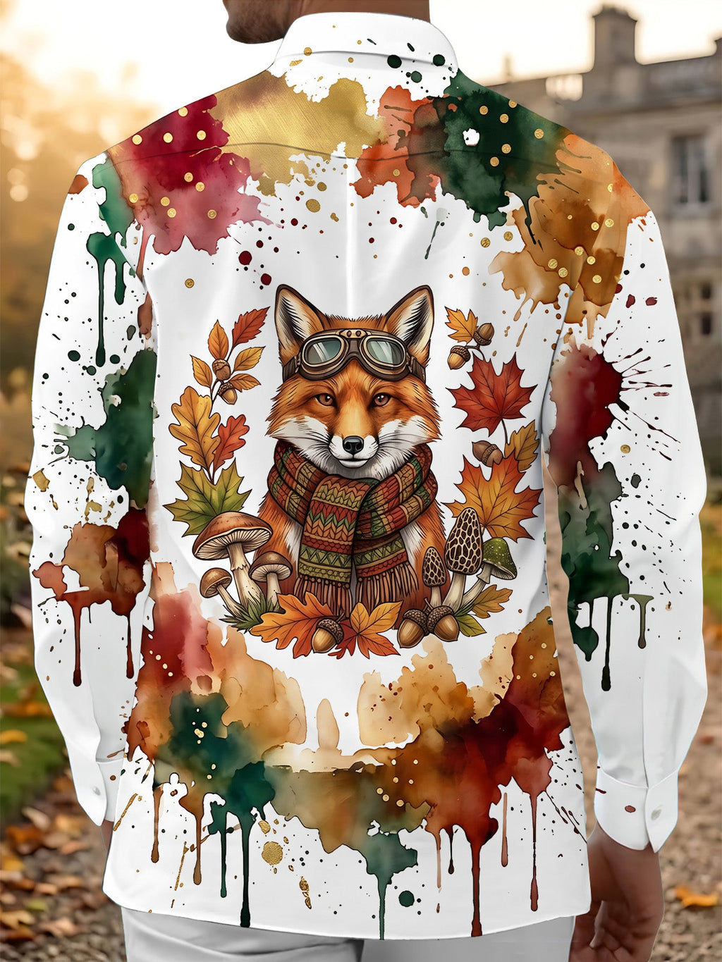 Oceanlyte Men's Graphic Fox With Goggles And Scarf Print Long Sleeve Shirt with Chest Pocket