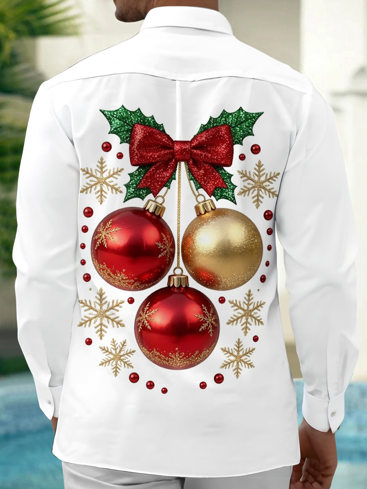 Oceanlyte Men's Christmas Ornaments And Snowflakes Print Long Sleeve Shirt with Chest Pocket