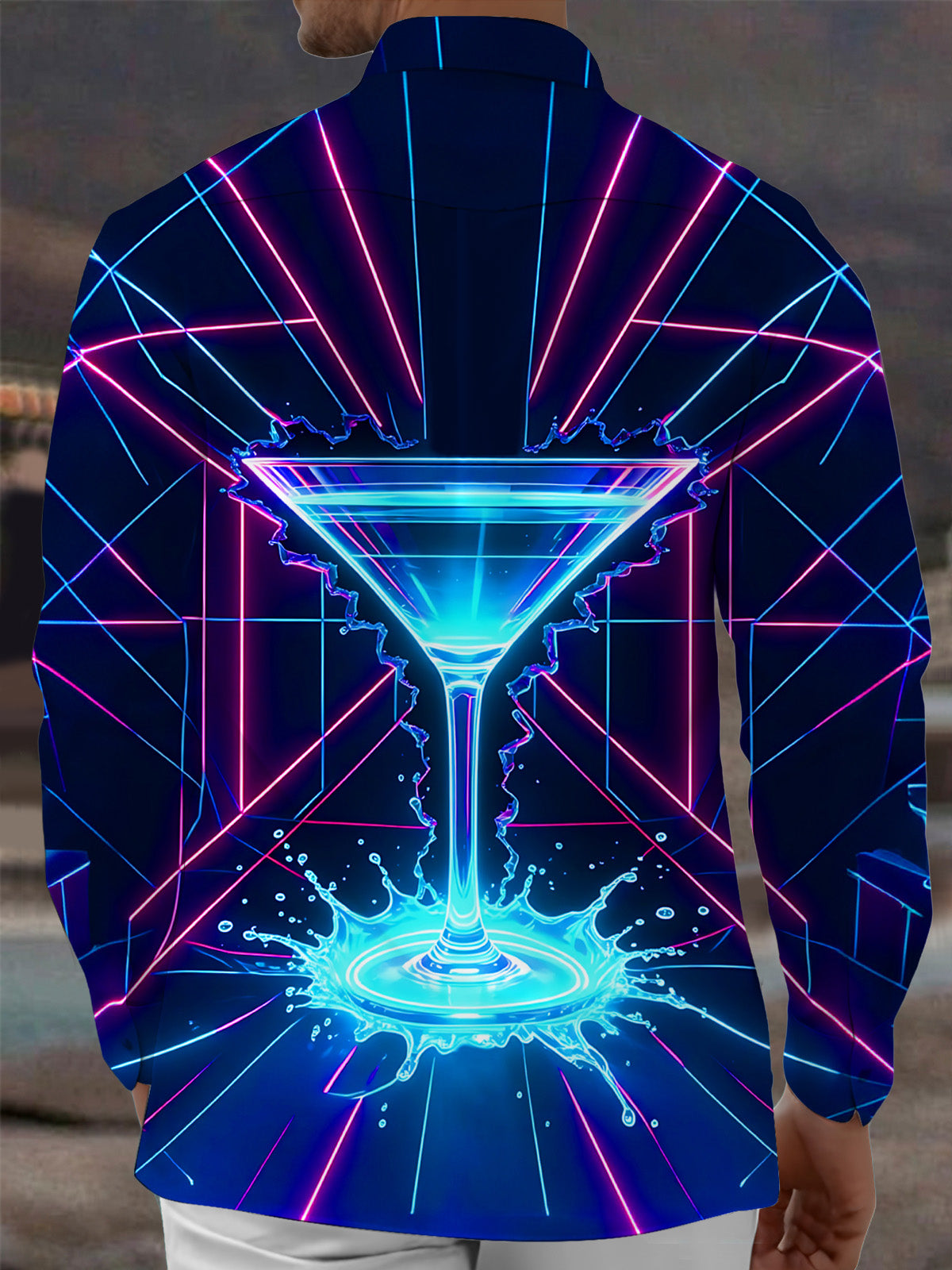 Oceanlyte Men's Graphic Neon Cocktail Glass Print Long Sleeve Shirt with Chest Pocket