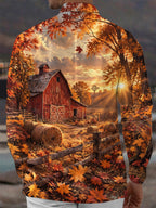 Oceanlyte Men's Long Sleeve Shirt - Thanksgiving Autumn Farm Barn And Hay Bales Print with Chest Pocket