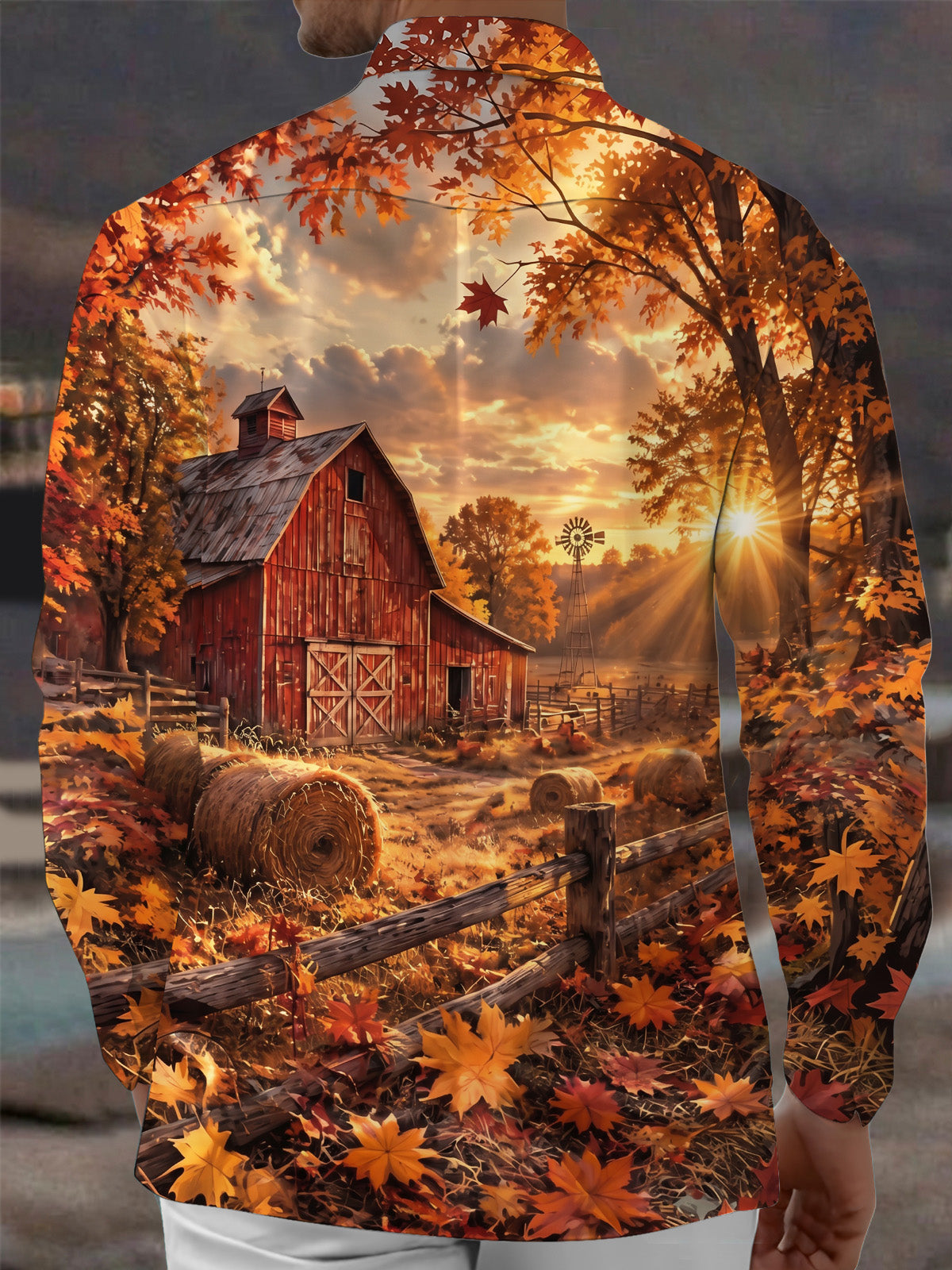 Oceanlyte Men's Long Sleeve Shirt - Thanksgiving Autumn Farm Barn And Hay Bales Print with Chest Pocket