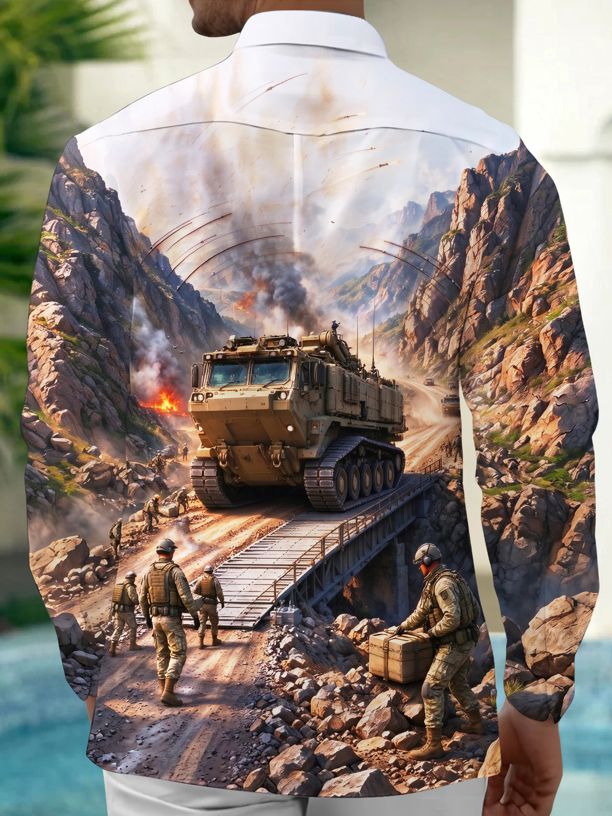 The "Mountain Pass Logistics" Oceanlyte Men's Long Sleeve Shirt - Military Combat Scene With Armored Vehicle And Soldiers Print with Chest Pocket