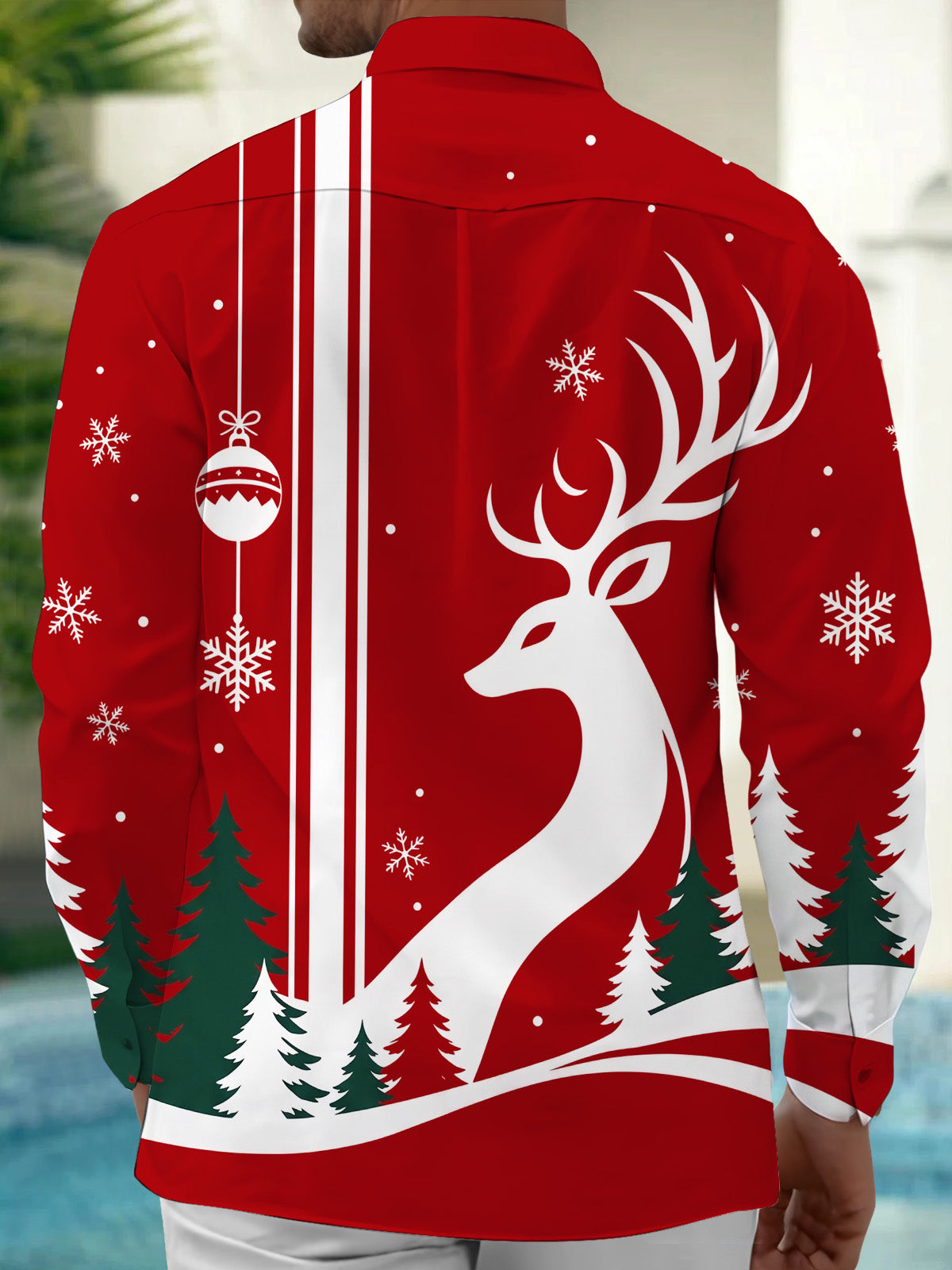 Oceanlyte Men's Printed Deer And Christmas Ornaments Print Long Sleeve Shirt with Chest Pocket