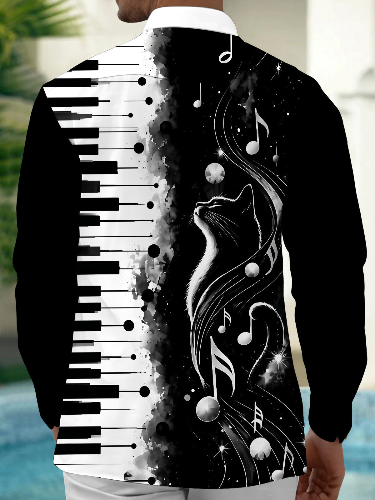 Oceanlyte Men's Piano Keys And Cat With Musical Notes Print Long Sleeve Shirt with Chest Pocket