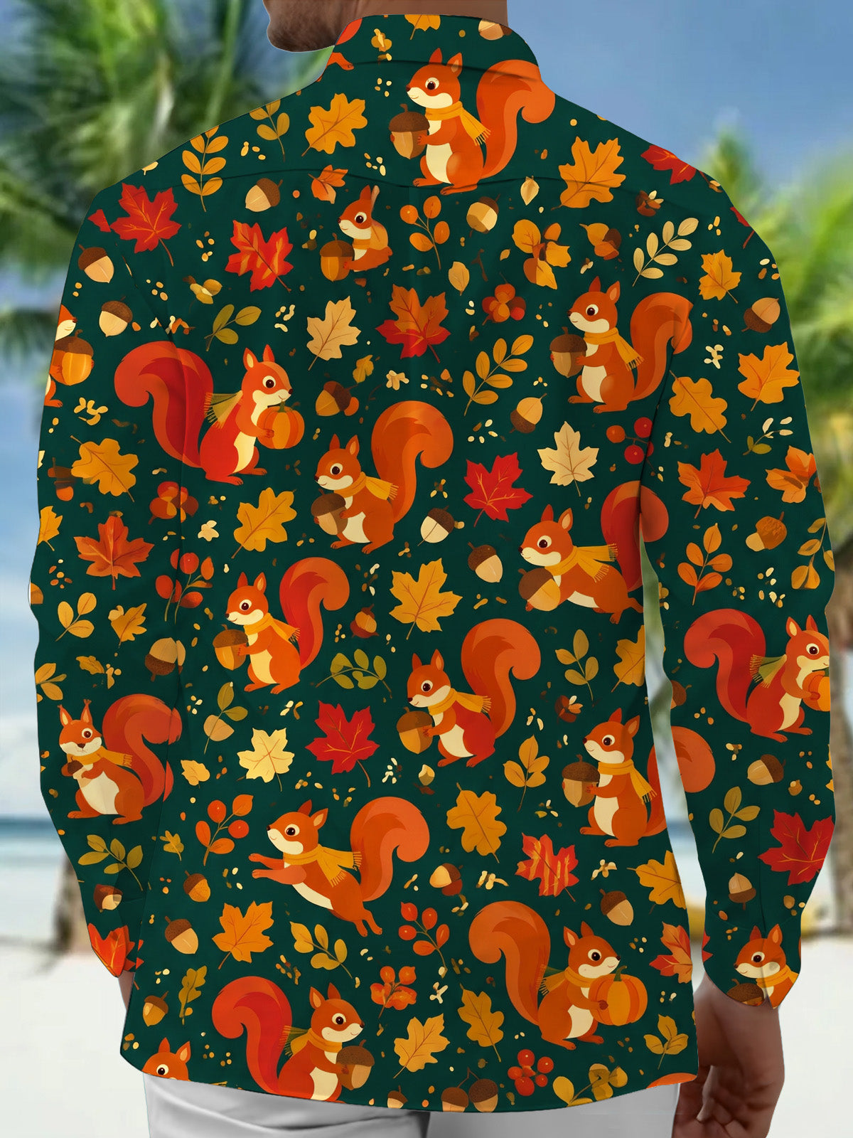 Oceanlyte Men's Autumn Squirrel And Maple Leaf Pattern Long Sleeve Shirt with Chest Pocket
