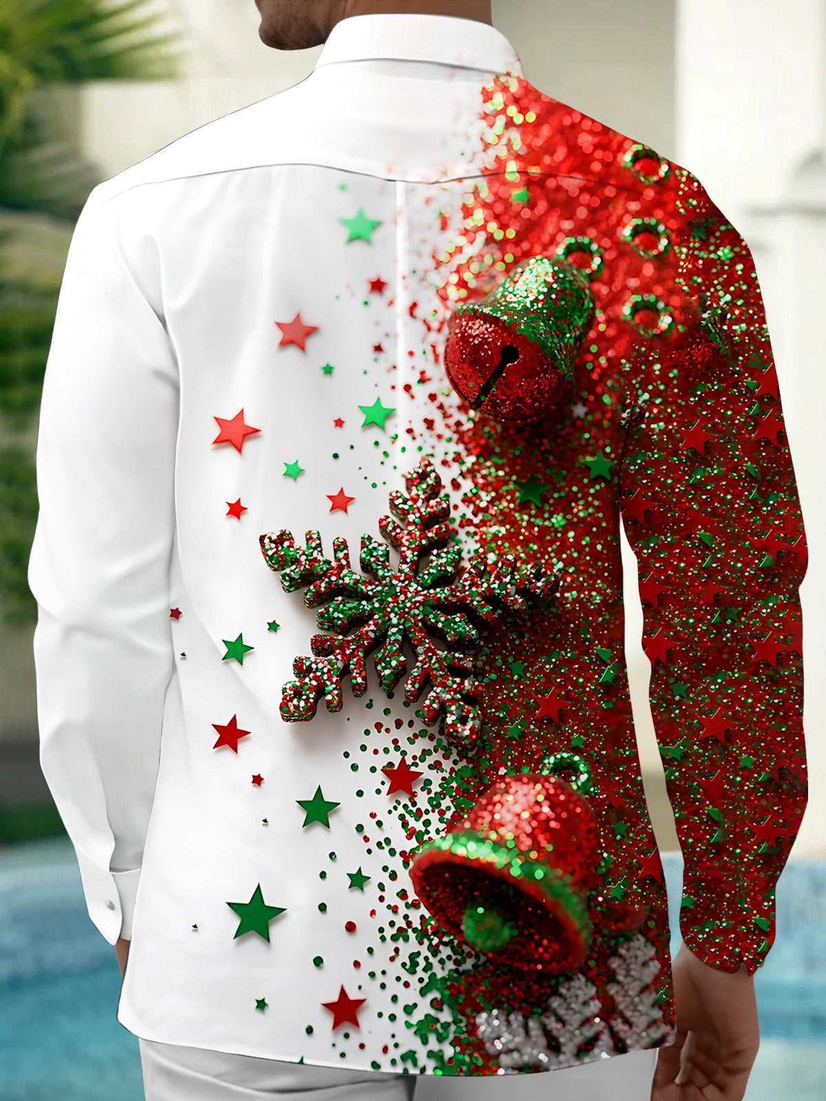 Oceanlyte Men's Graphic Christmas Bells And Snowflakes Print Long Sleeve Shirt with Chest Pocket
