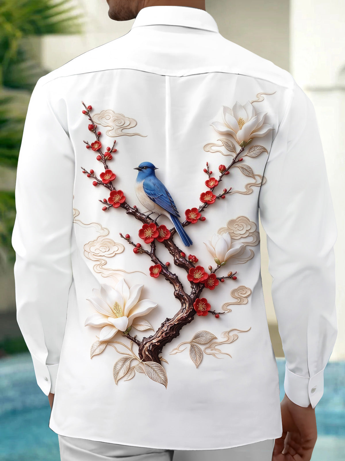 Oceanlyte Men's Long Sleeve Shirt - Blue Bird On Branch With Red Flowers And White Magnolias Print with Chest Pocket