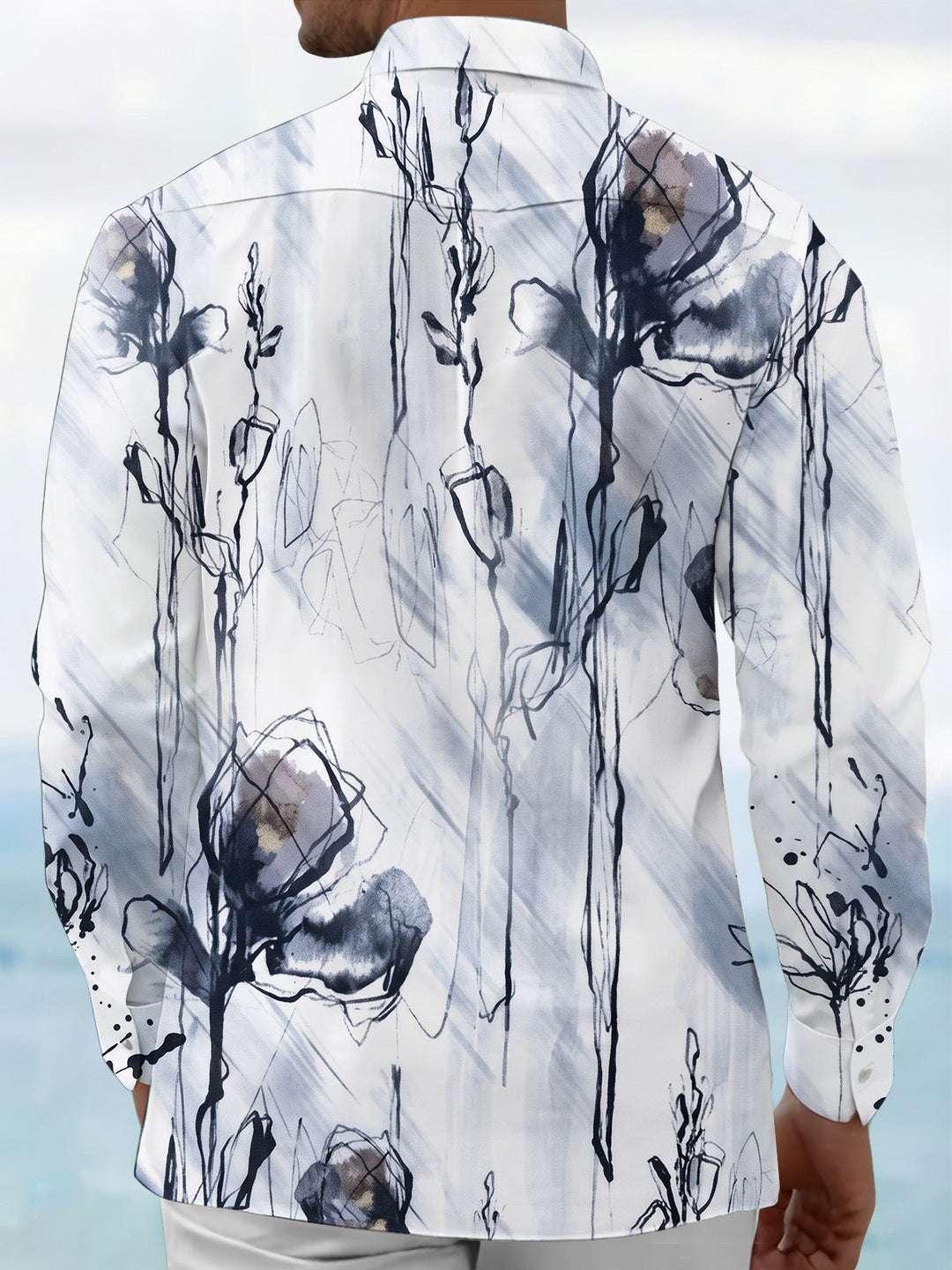 Art Ink Wash Freehand Floral Men's Pocket Long Sleeve Shirts