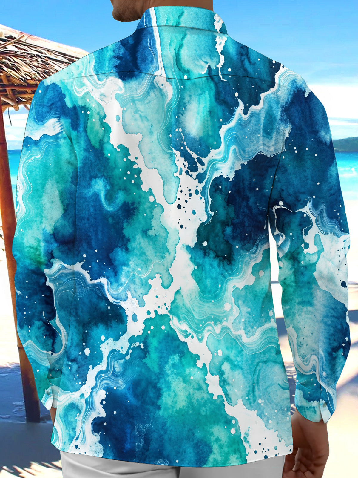 Oceanlyte Blue Green Ink Wash Fluid Texture Men's Pocket Long Sleeve Shirts
