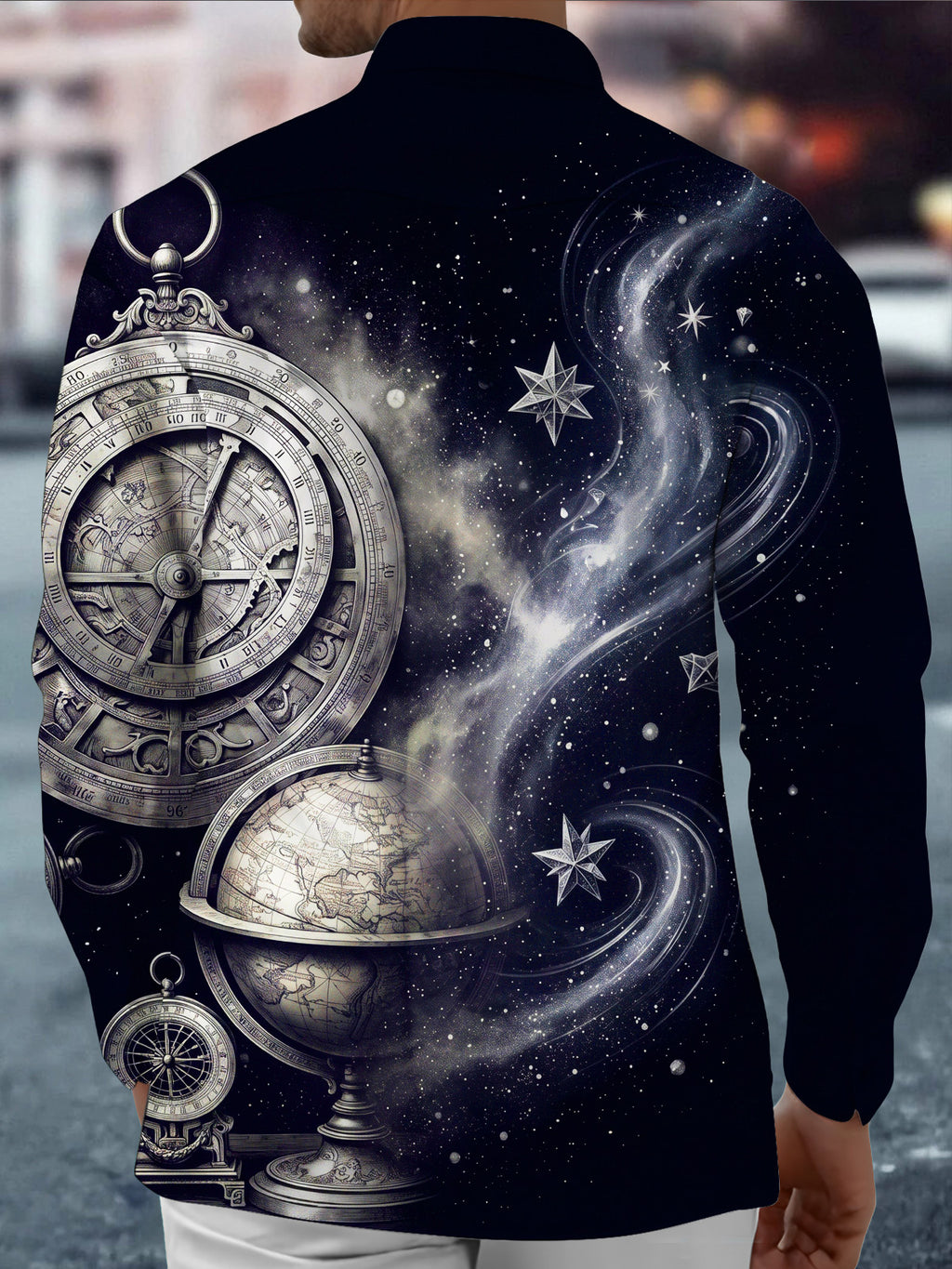 Oceanlyte Men's Vintage Astrolabe And Star Map Print Long Sleeve Shirt with Chest Pocket