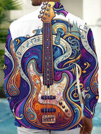 Oceanlyte Men's Long Sleeve Shirt - Psychedelic Bass Guitar And Musical Notes Print with Chest Pocket