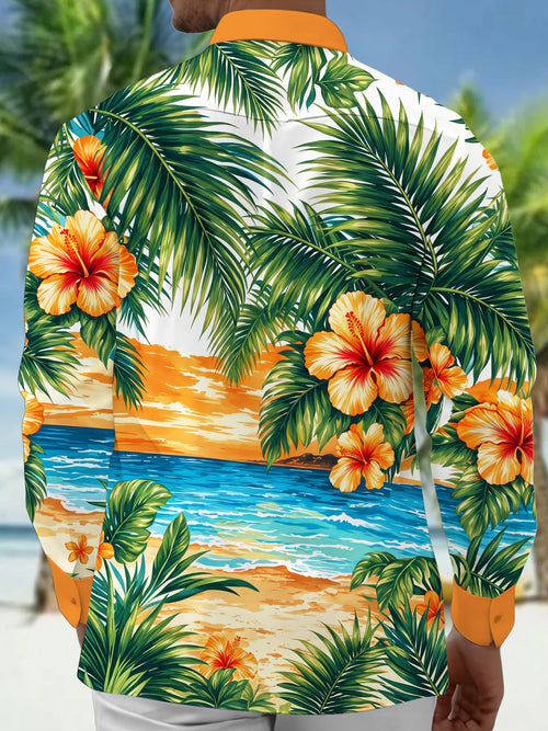 Oceanlyte Men's Hibiscus Flowers And Palm Leaves Print Long Sleeve Shirt with Chest Pocket